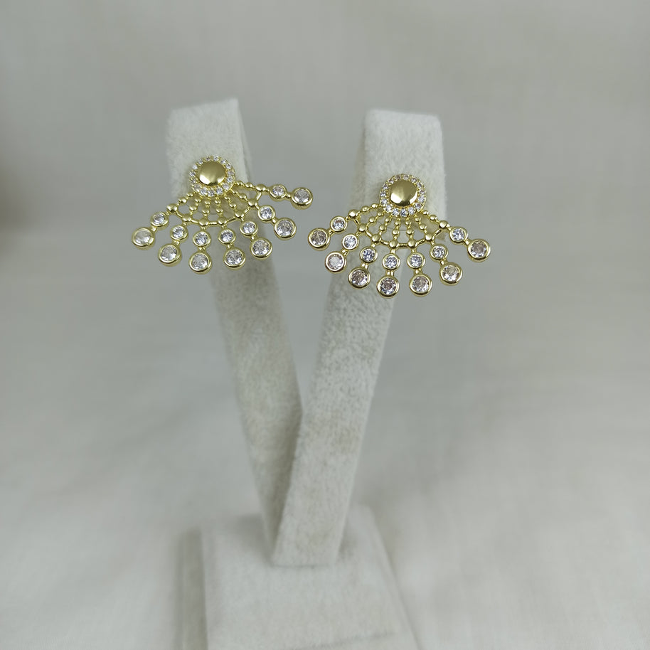 Altın Renk Vip 14K Zirkon Taşlı Yelpaze Küpe (20mm)