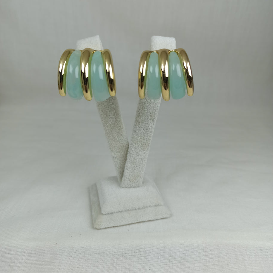 Altın Renk Çelik 14K Mint Yeşili Mineli Üçlü Halka Küpe (22mm)