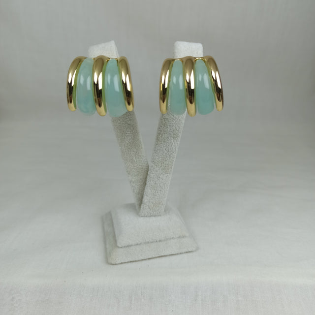 Altın Renk Çelik 14K Mint Yeşili Mineli Üçlü Halka Küpe (22mm)