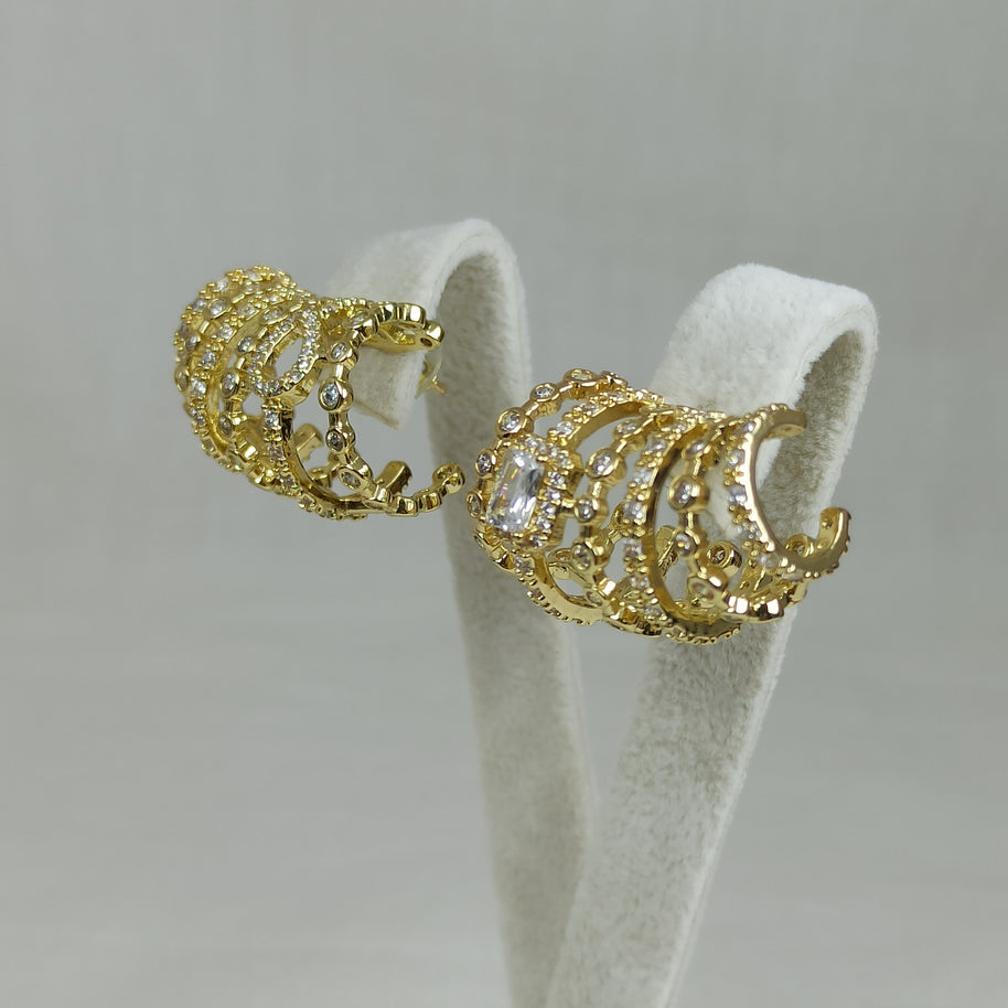 Altın Renk Çelik 14K Çok Sıralı Zirkon Taşlı Halka Küpe (20mm)