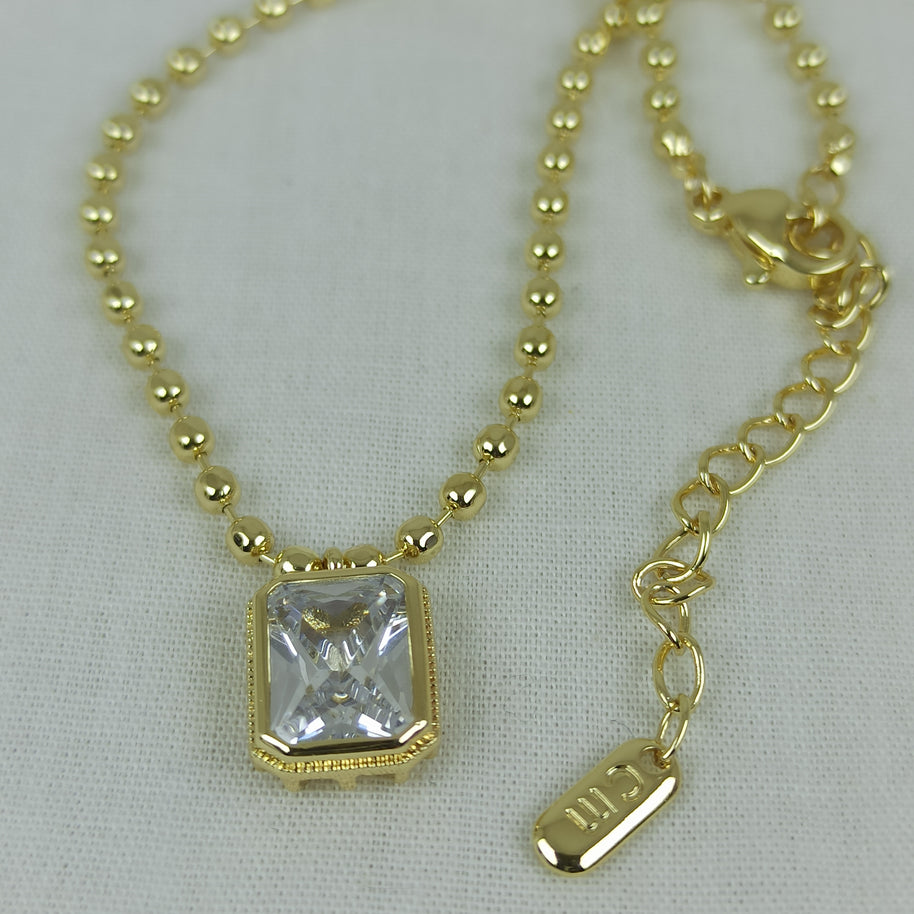 Altın Renk Vip 14K Kare Baget Taş Detaylı Kolye (45+5 cm)