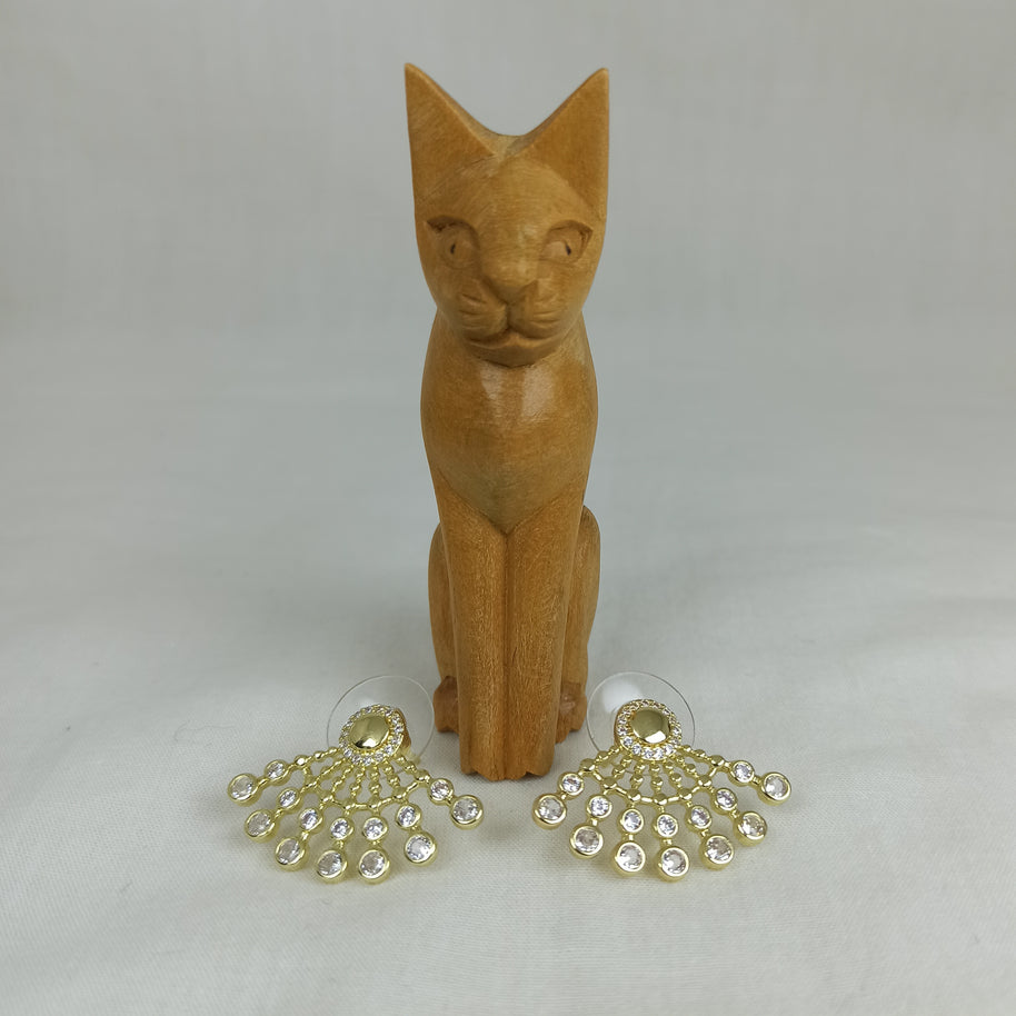 Altın Renk Vip 14K Zirkon Taşlı Yelpaze Küpe (20mm)