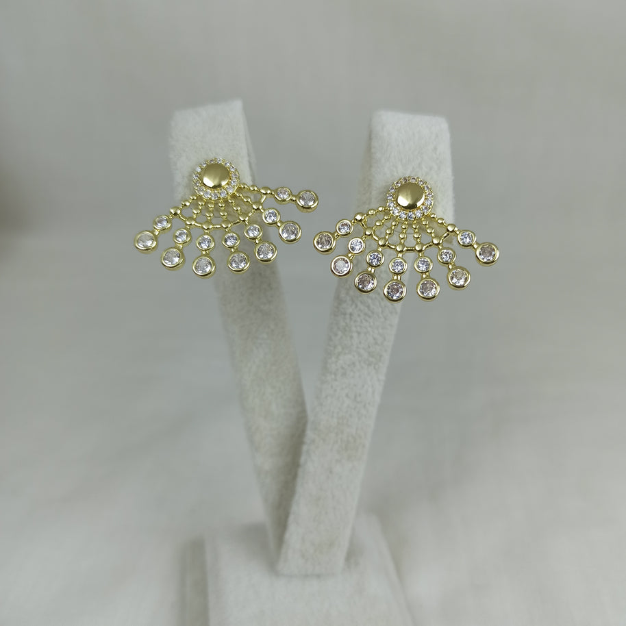Altın Renk Vip 14K Zirkon Taşlı Yelpaze Küpe (20mm)