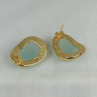 Altın Renk Çelik 14K Mint Mineli Organik Form Küpe (25mm)