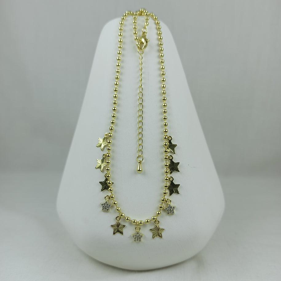Altın Renk Vip 14K Yıldız ve Taş Detaylı Küre Zincirli Kolye (45+5 cm)