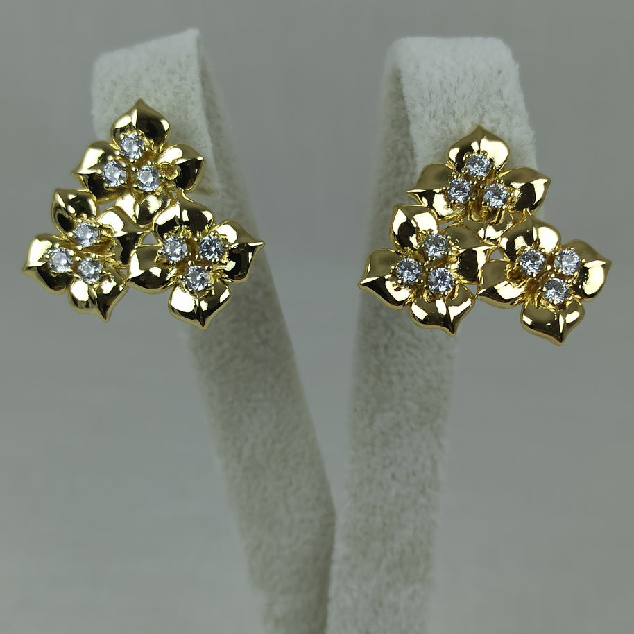 Altın Renk Çelik 14K Zirkon Taşlı Üçlü Çiçek Küpe (22mm)