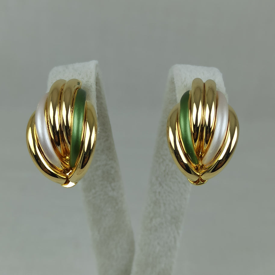 Altın Renk Çelik 14K Yeşil ve Beyaz Mineli Burgu Halka Küpe (25mm)