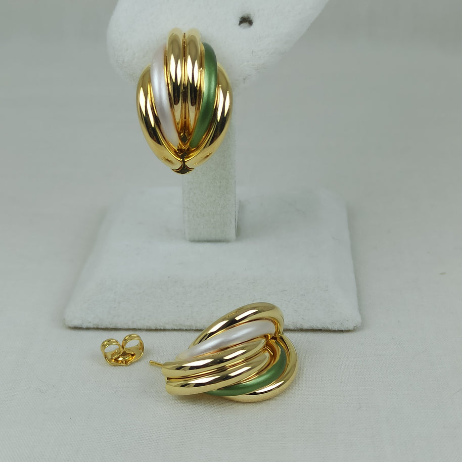 Altın Renk Çelik 14K Yeşil ve Beyaz Mineli Burgu Halka Küpe (25mm)