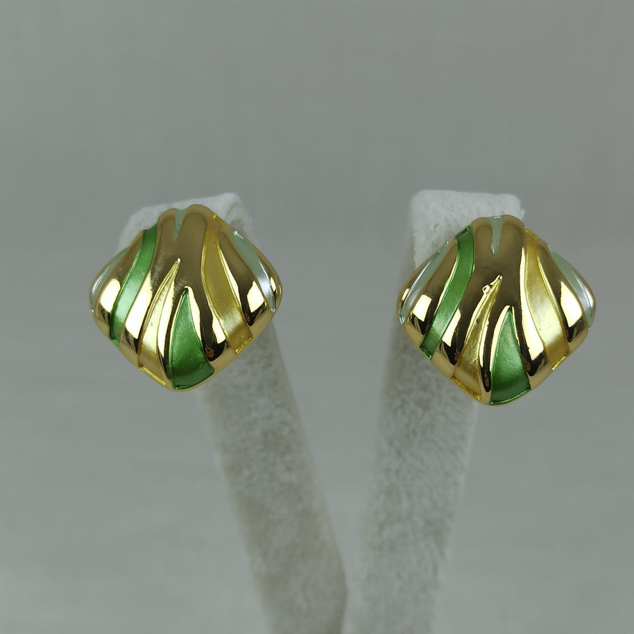 Altın Renk Çelik 14K Yeşil Mineli Geometrik Küpe (17mm)