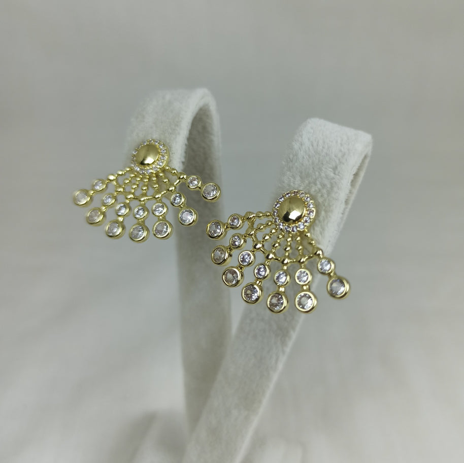 Altın Renk Vip 14K Zirkon Taşlı Yelpaze Küpe (20mm)