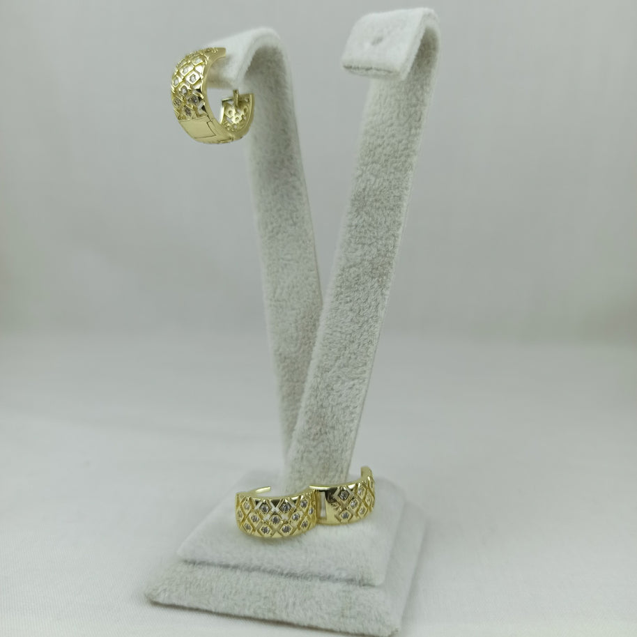 Altın Renk Vip 14K Zirkon Taş Detaylı Geometrik Halka Küpe (15mm)