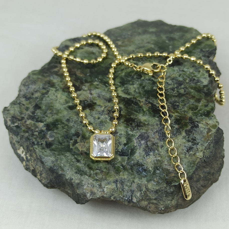 Altın Renk Vip 14K Kare Baget Taş Detaylı Kolye (45+5 cm)