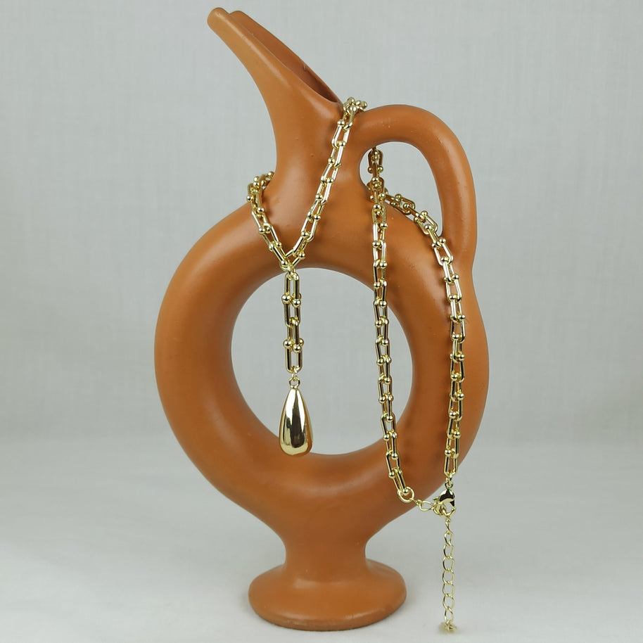 Altın Renk Vip 14K Damla Uç Uzantılı Kalın Zincirli Kolye (45+5+3 cm)
