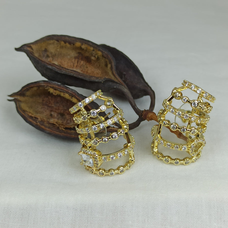 Altın Renk Çelik 14K Çok Sıralı Zirkon Taşlı Halka Küpe (20mm)